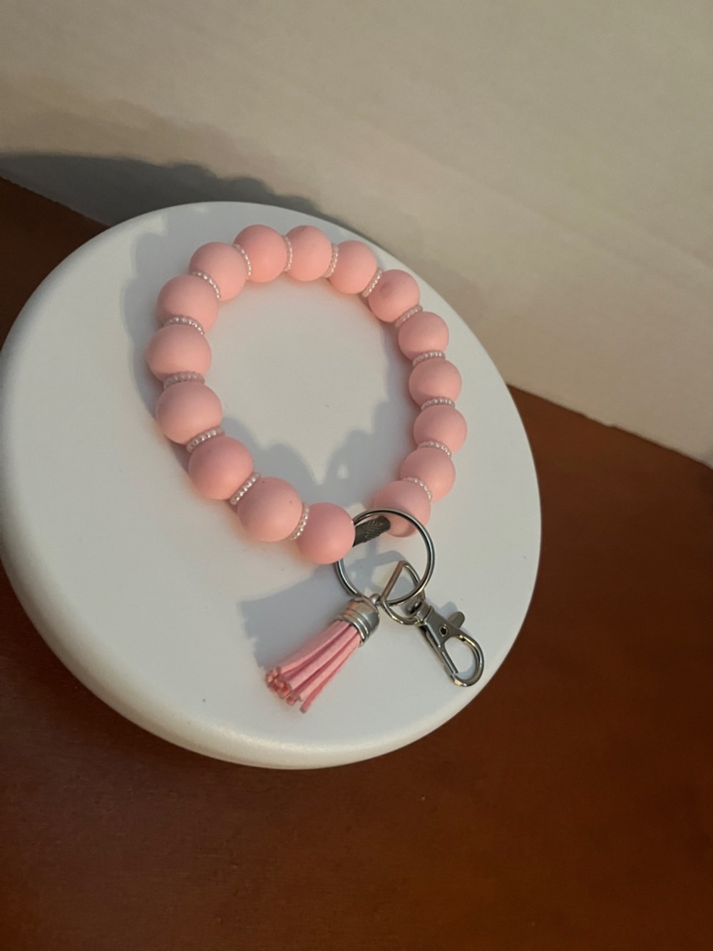Pink Beaded Wrist Bracelet Keychain with Tassel